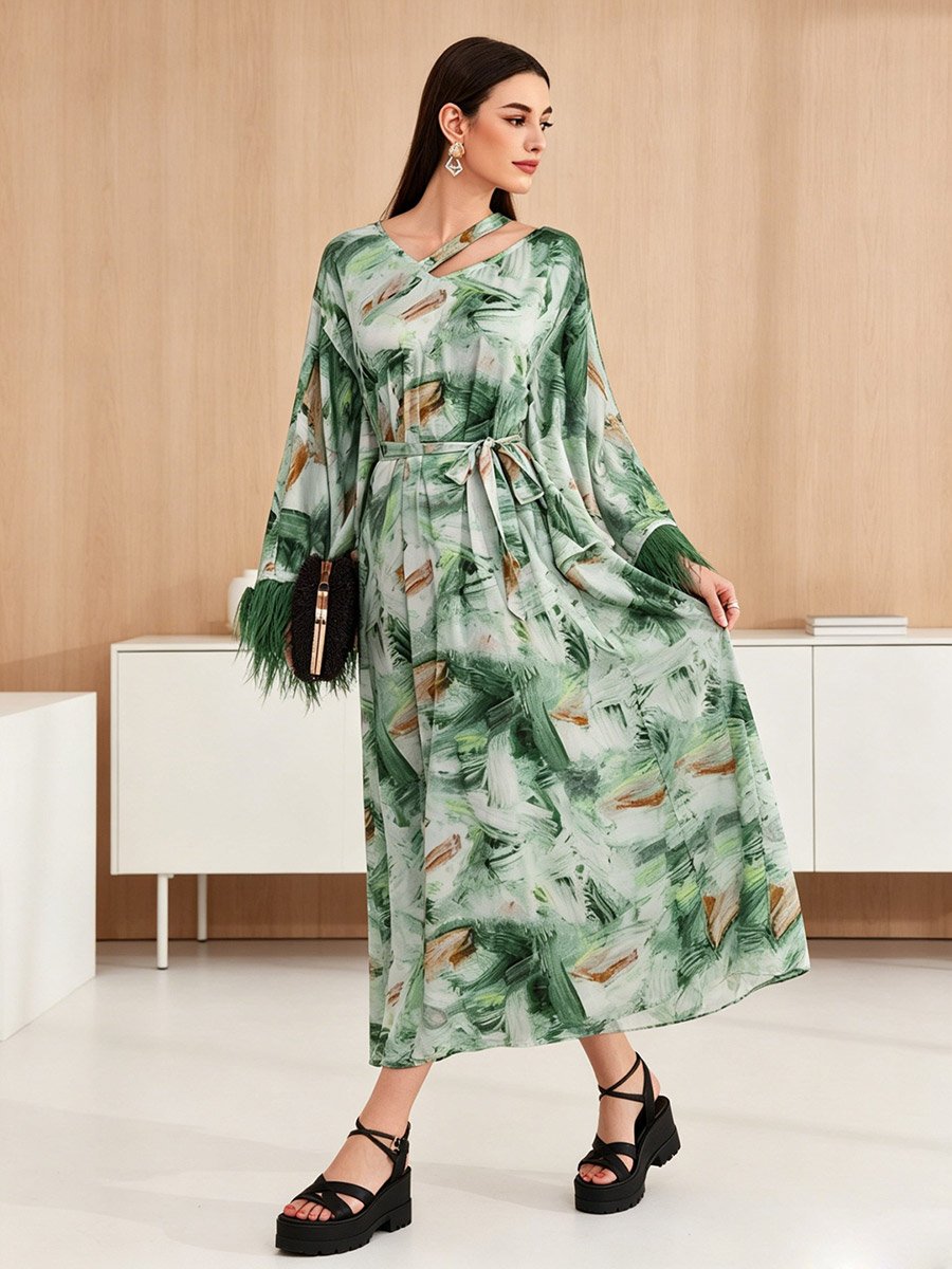 Green Printed Maxi Dress with Faux Feather Trim