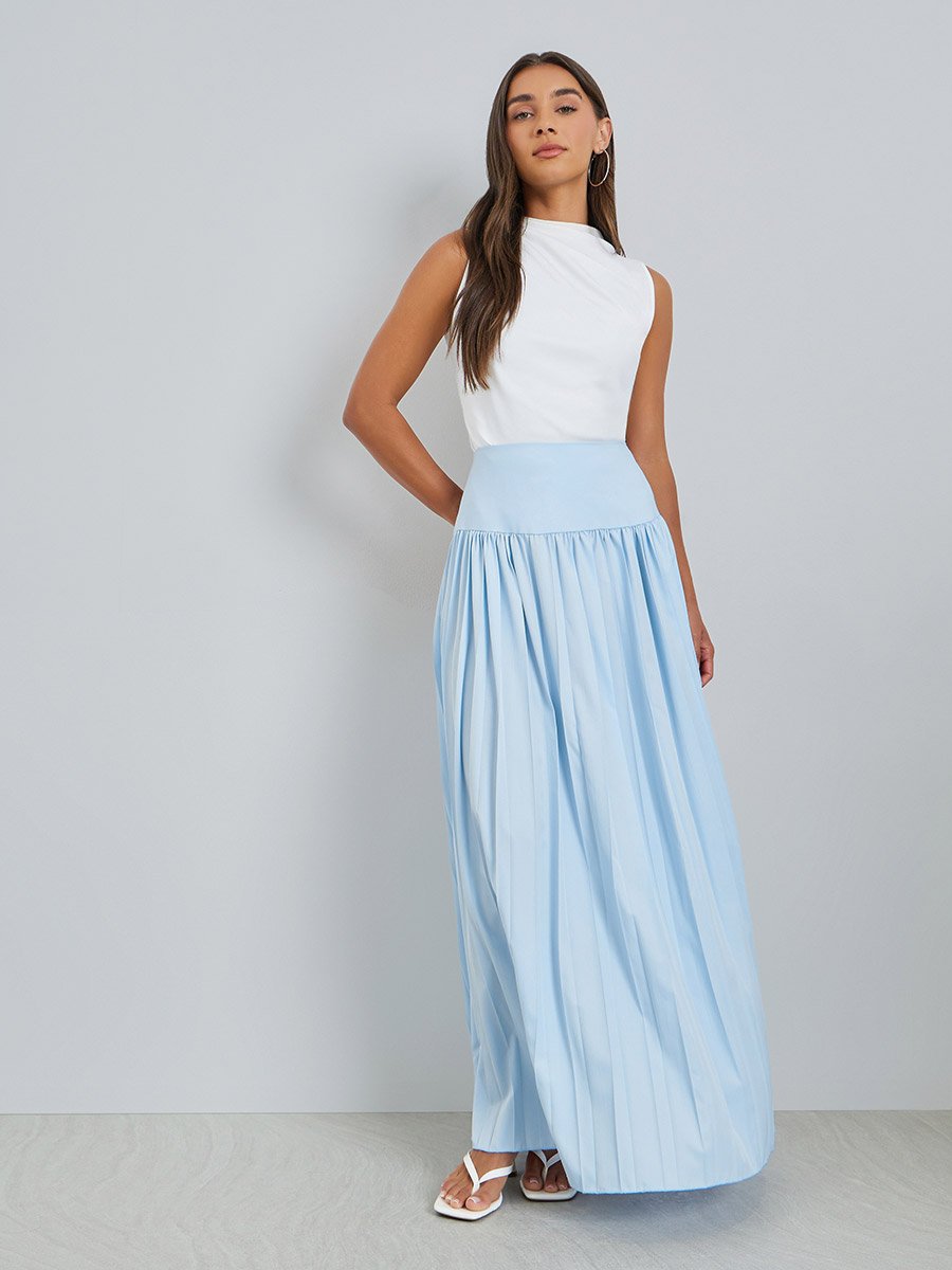 Blue Wide Waistband Pleated Maxi Skirt