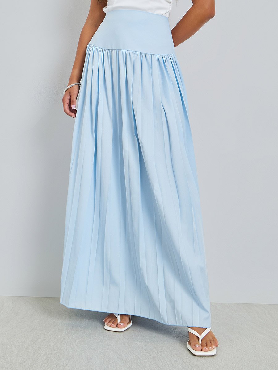 Blue Wide Waistband Pleated Maxi Skirt