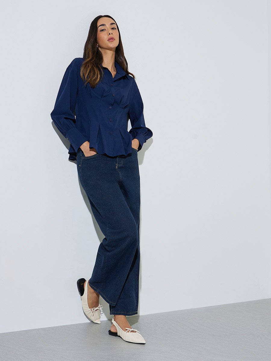 Navy Blue Fitted Peplum Shirt with Buttons