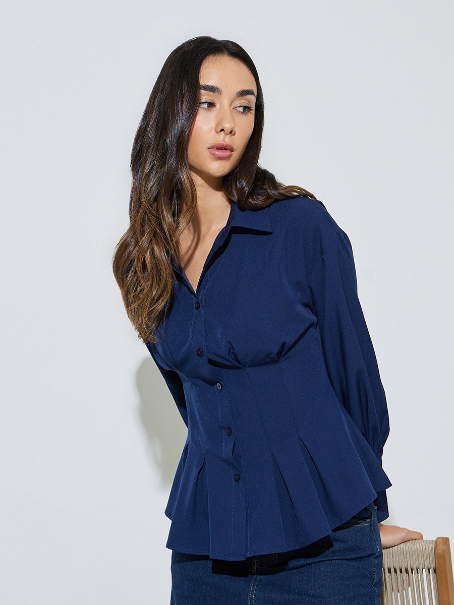 Navy Blue Fitted Peplum Shirt with Buttons