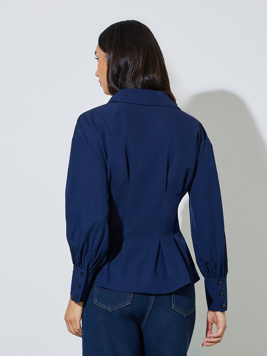 Navy Blue Fitted Peplum Shirt with Buttons
