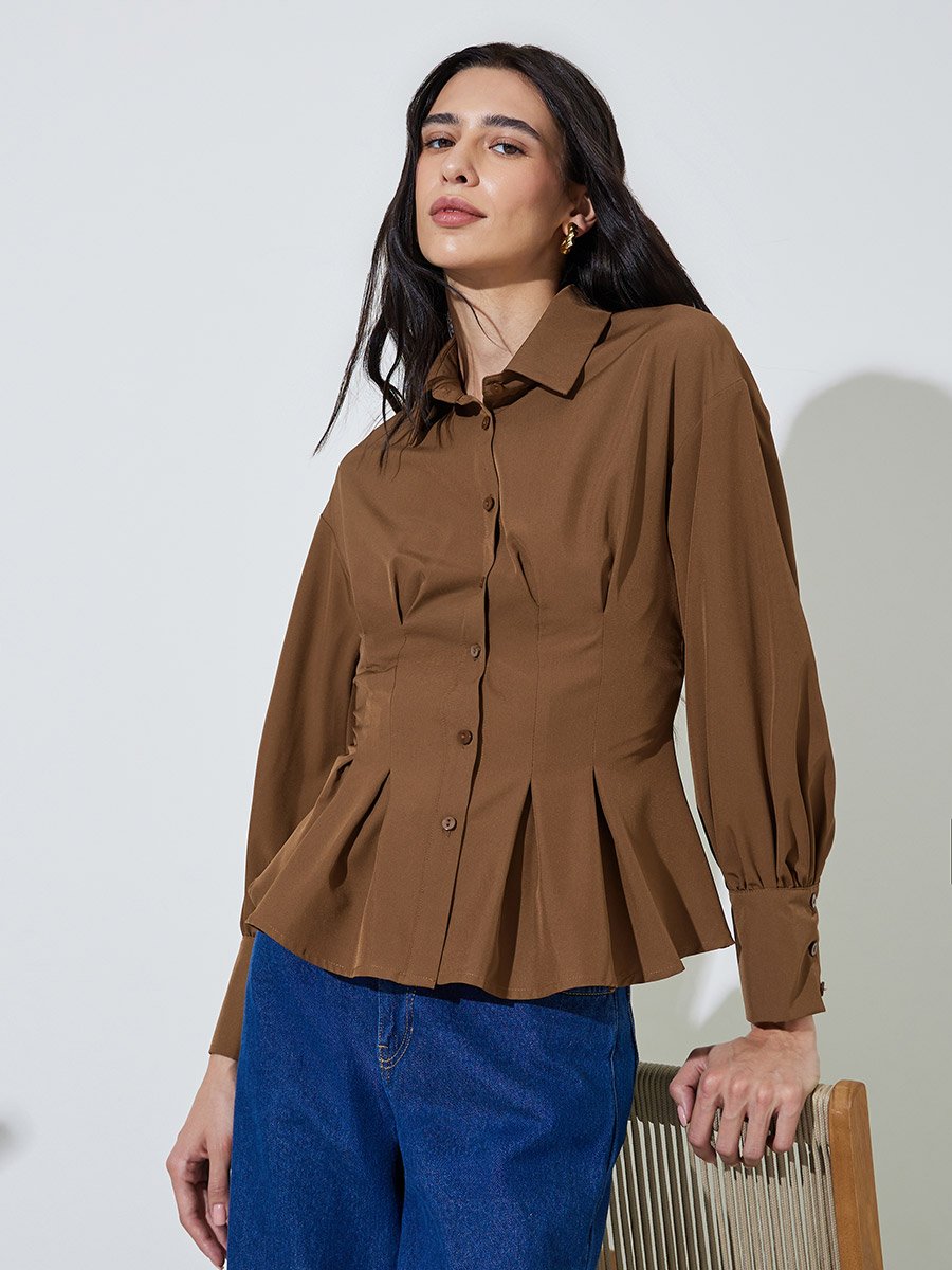 Brown Fitted Peplum Shirt with Buttons