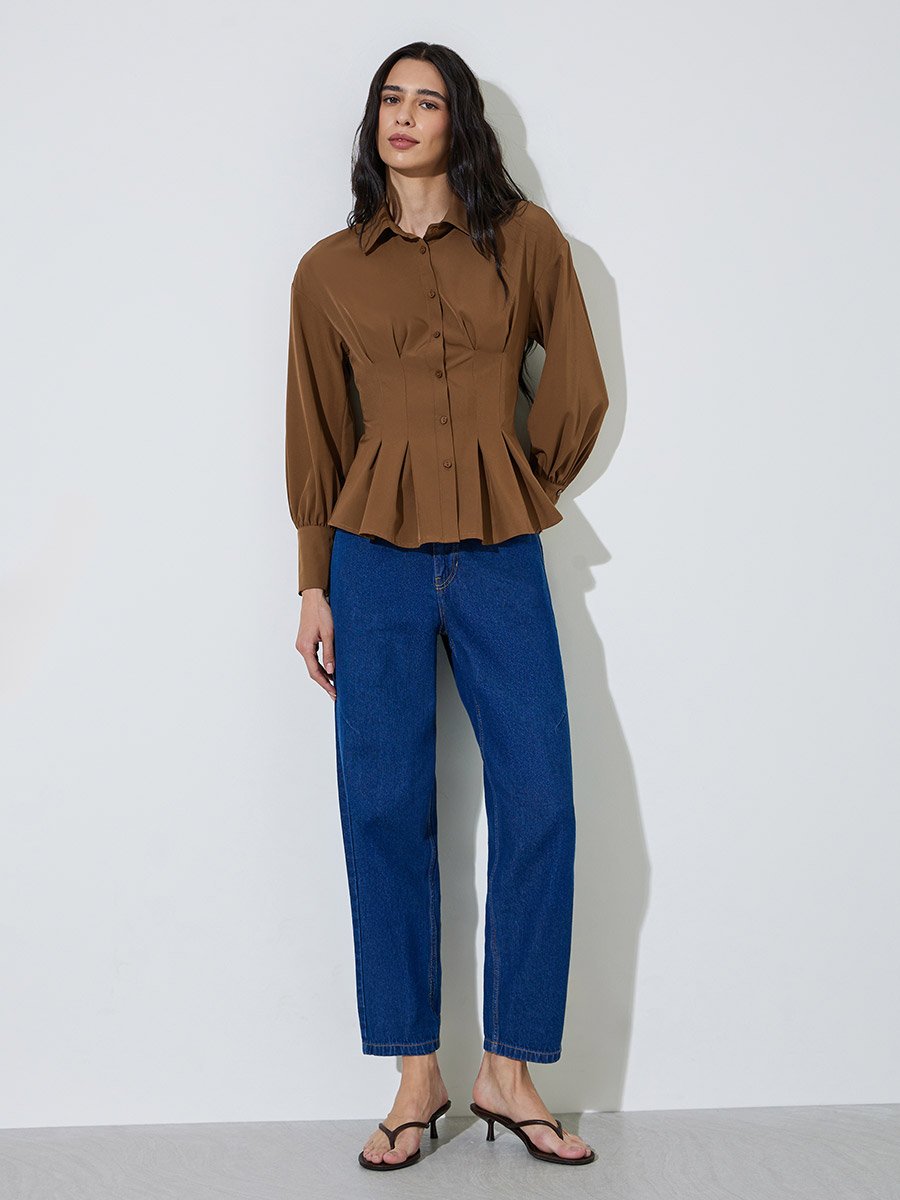 Brown Fitted Peplum Shirt with Buttons