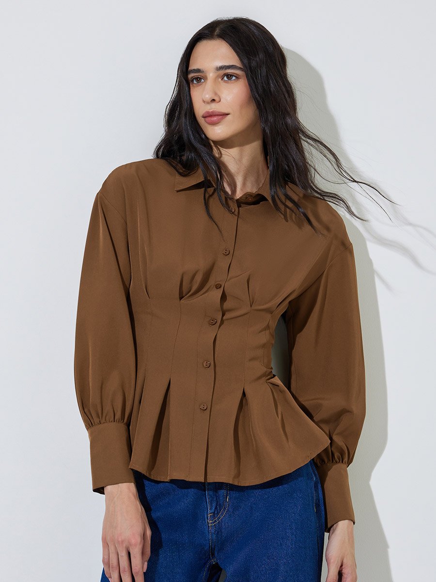 Brown Fitted Peplum Shirt with Buttons