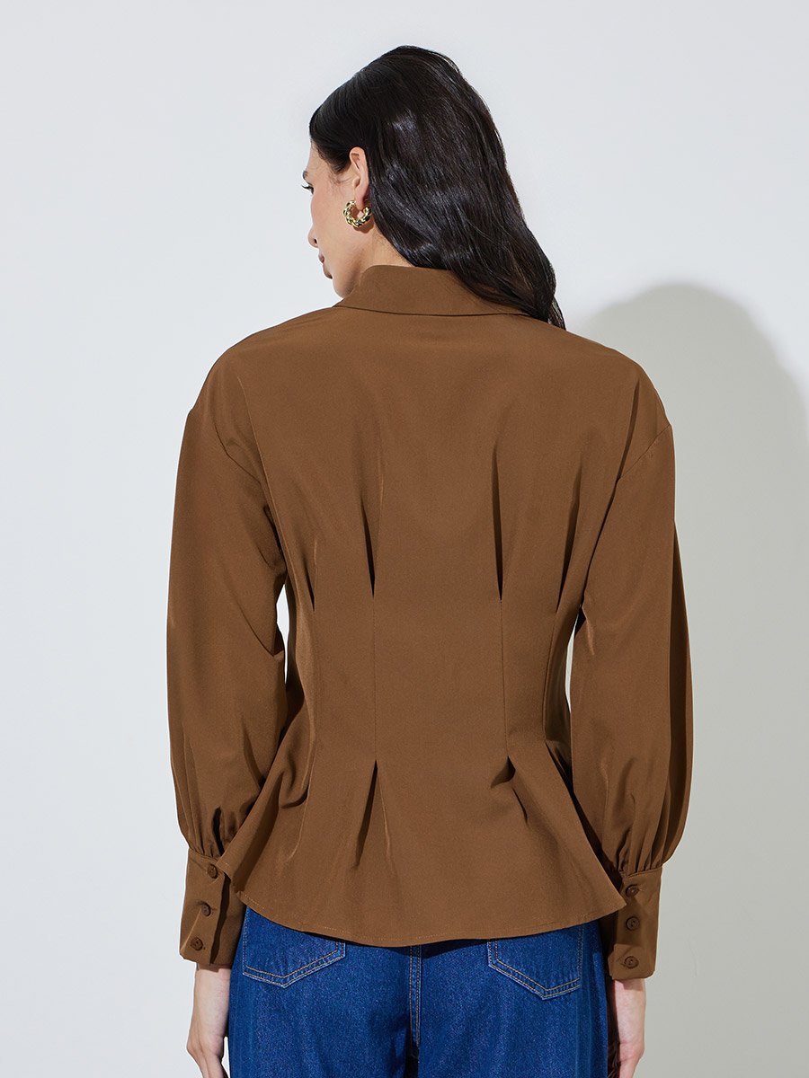 Brown Fitted Peplum Shirt with Buttons