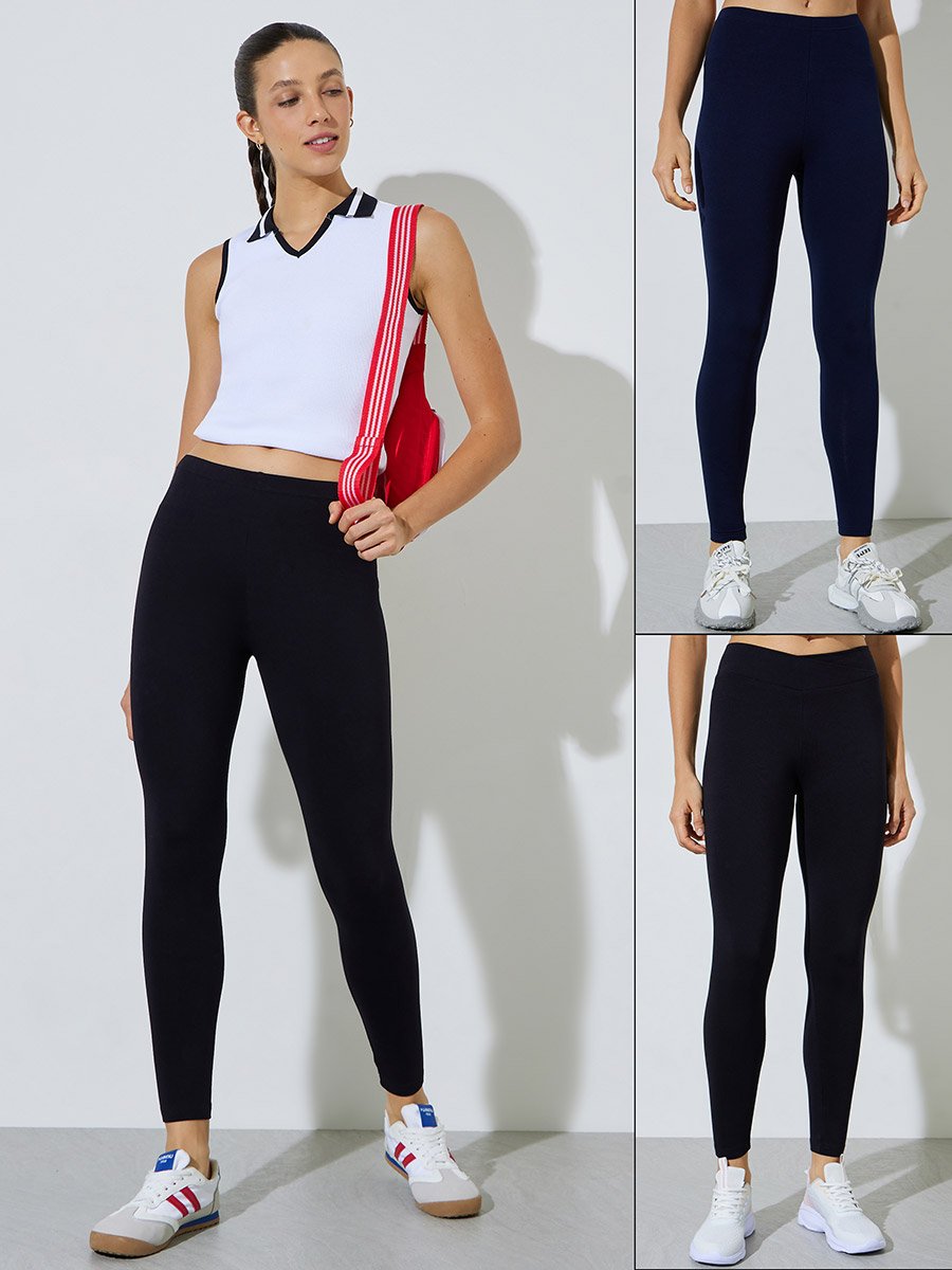 Pack of 2 - Black and Navy Blue Solid Ankle-Length Leggings