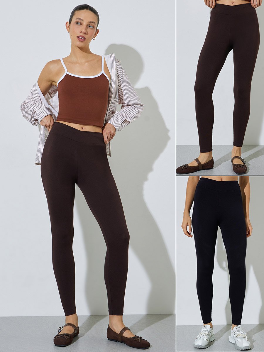Pack of 2 - Black and Brown Solid Skinny Leggings