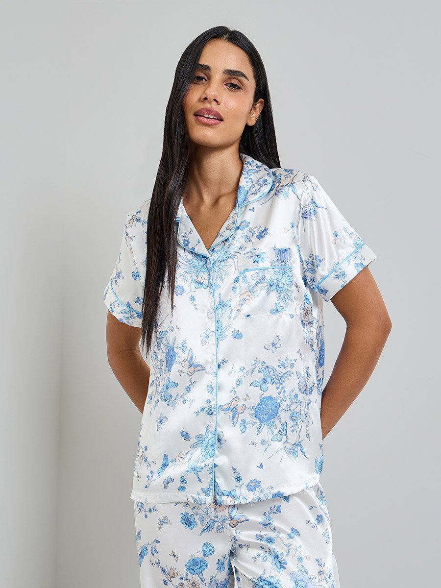 White Butterfly Print Satin Shirt and Pyjama Set