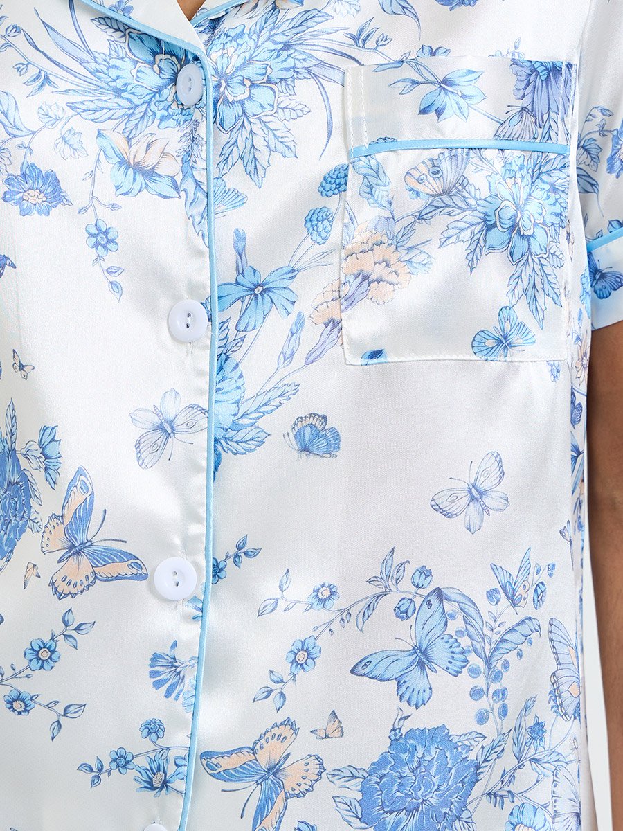 White Butterfly Print Satin Shirt and Pyjama Set