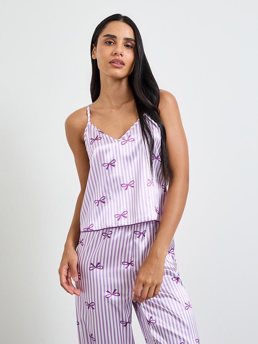 Purple Bow Striped Print Satin Cami and Pyjama Set