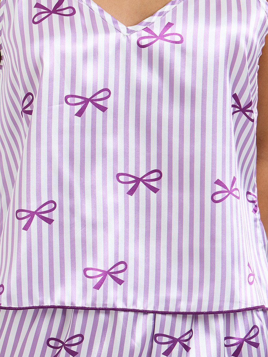 Purple Bow Striped Print Satin Cami and Pyjama Set