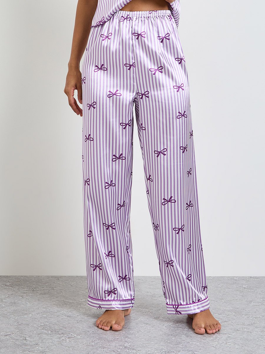 Purple Bow Striped Print Satin Cami and Pyjama Set
