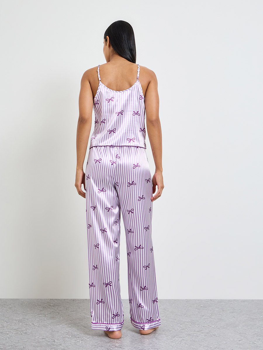 Purple Bow Striped Print Satin Cami and Pyjama Set