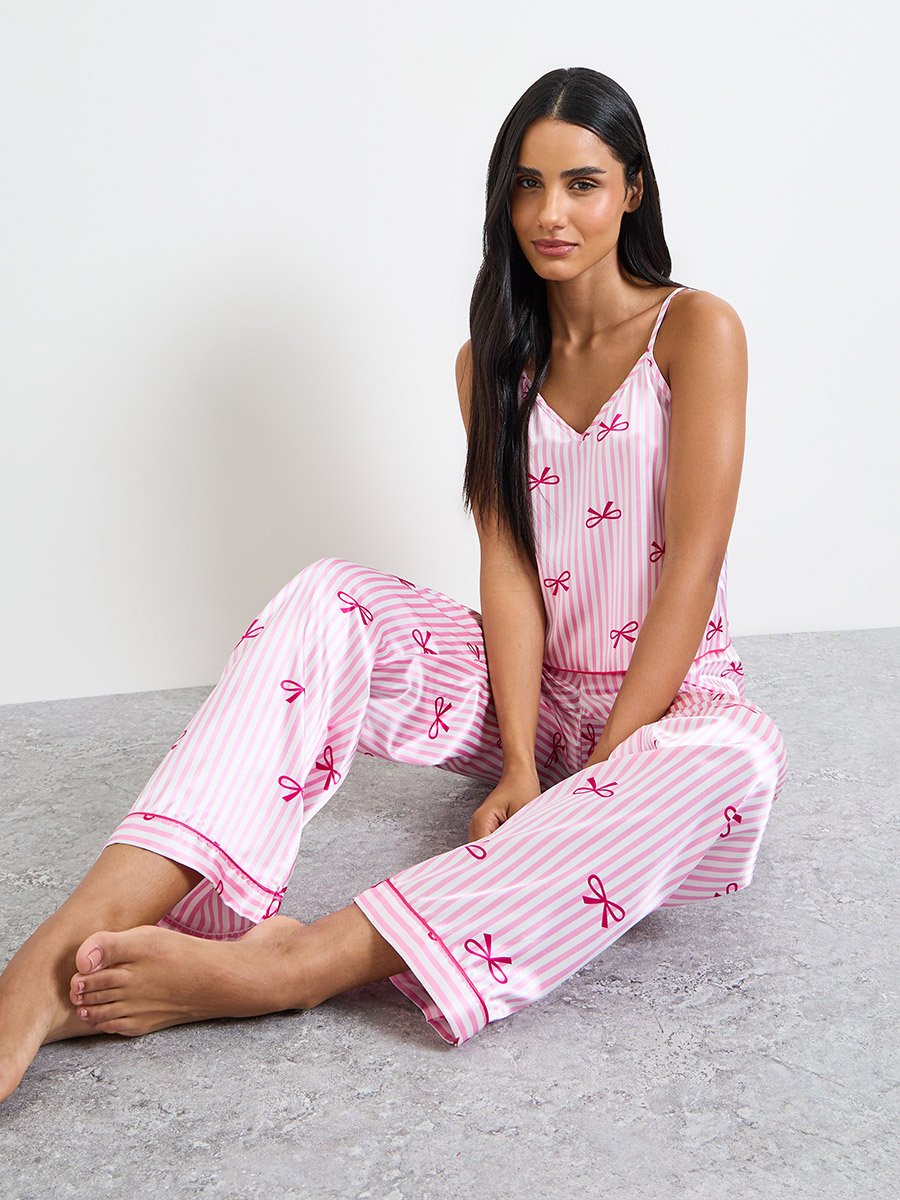 Pink Bow Striped Print Satin Cami and Pyjama Set