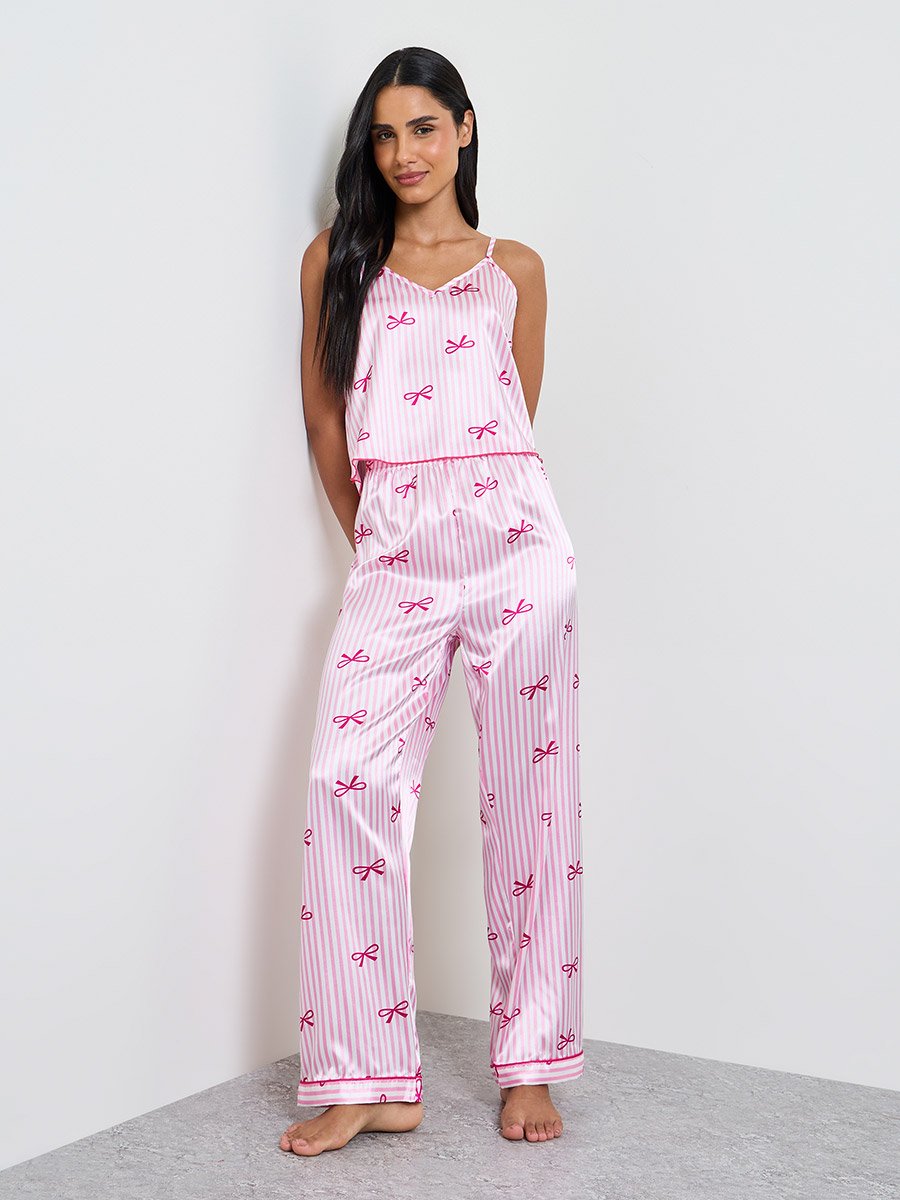 Pink Bow Striped Print Satin Cami and Pyjama Set