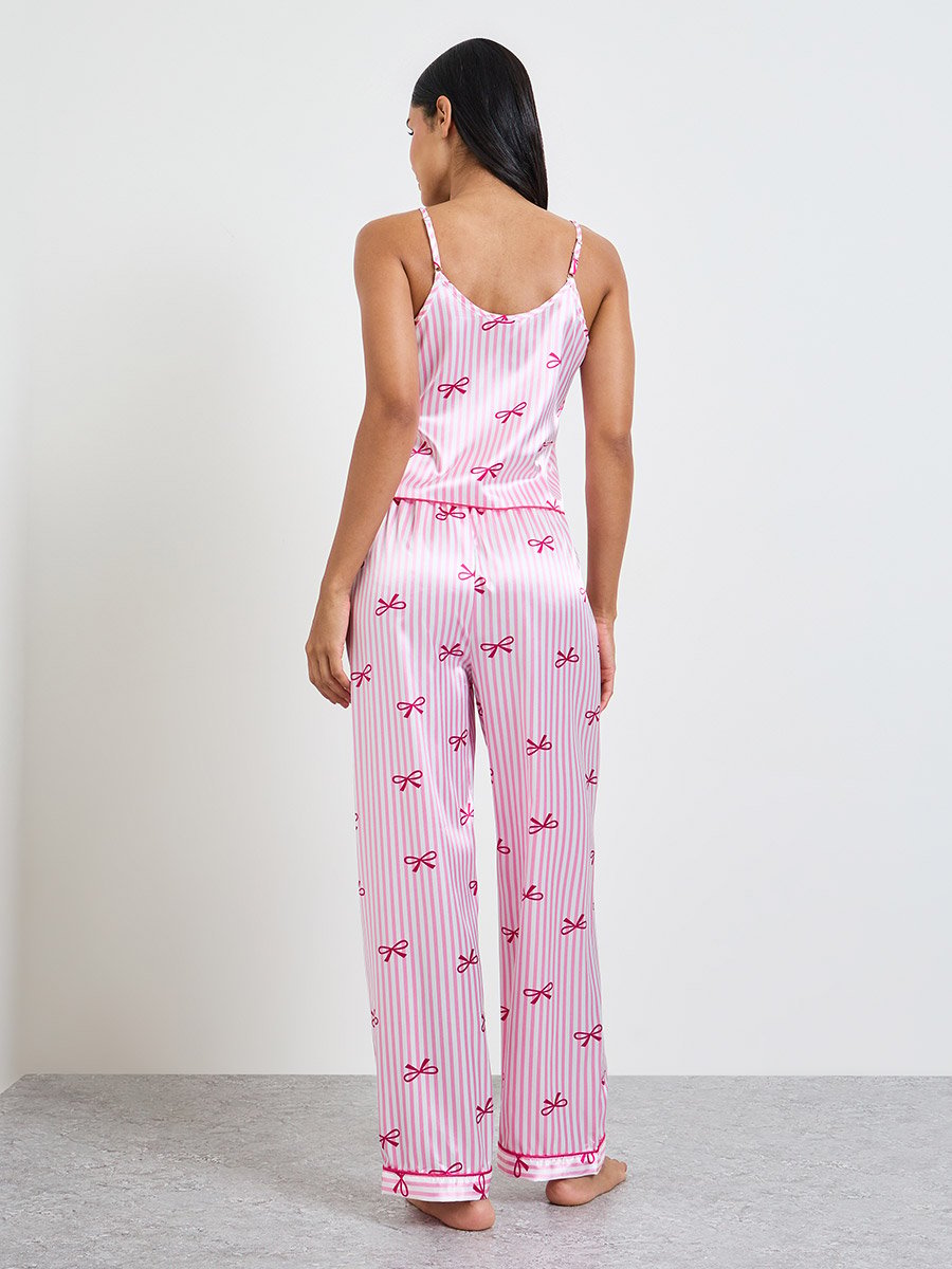 Pink Bow Striped Print Satin Cami and Pyjama Set