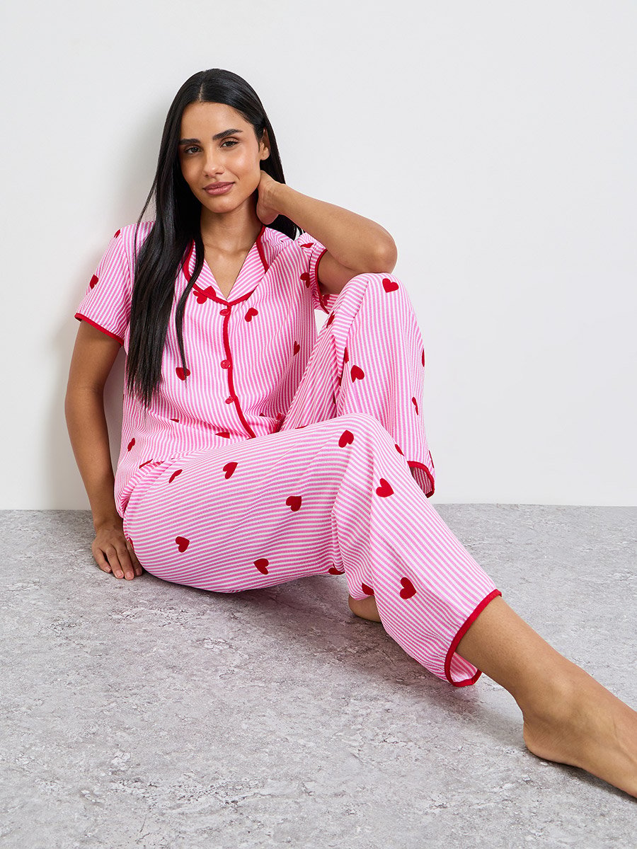 Pink Heart Striped Print Shirt and Pyjama Set