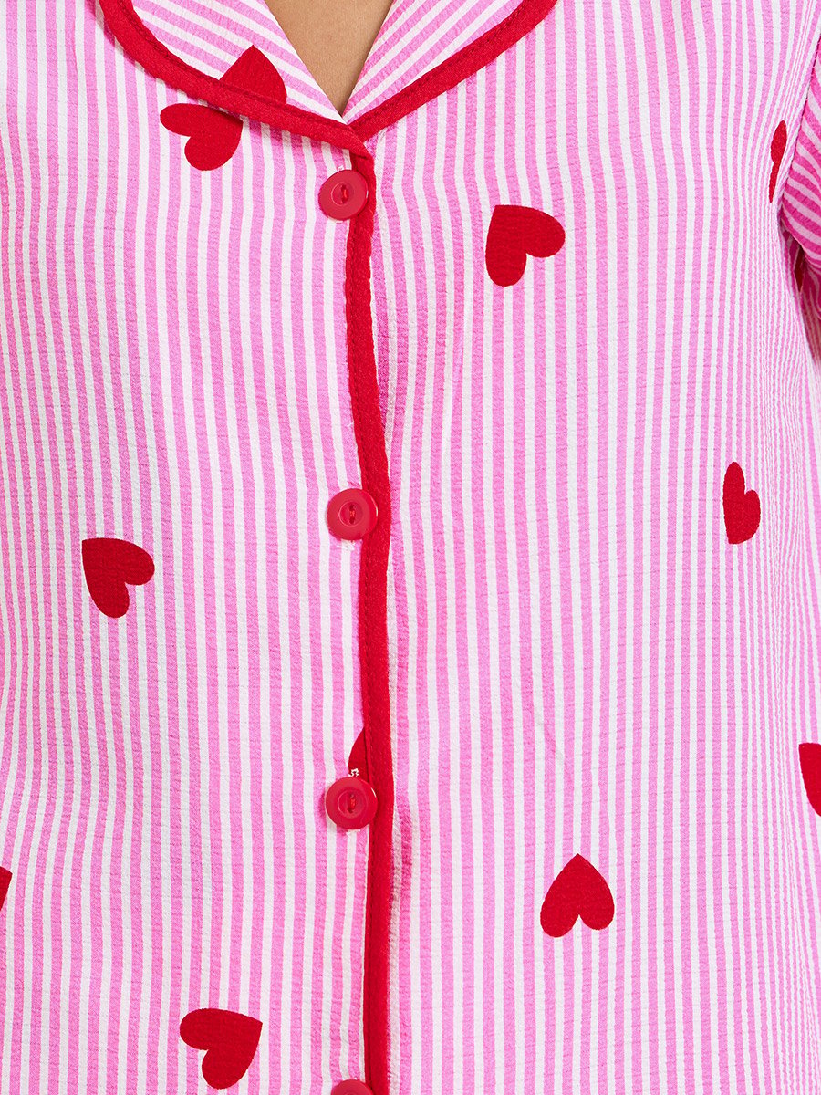 Pink Heart Striped Print Shirt and Pyjama Set