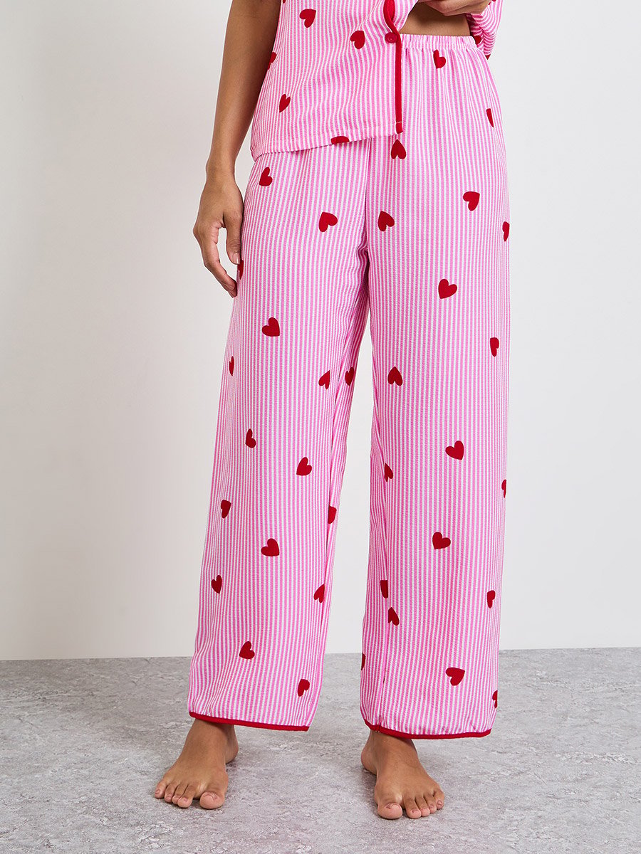 Pink Heart Striped Print Shirt and Pyjama Set