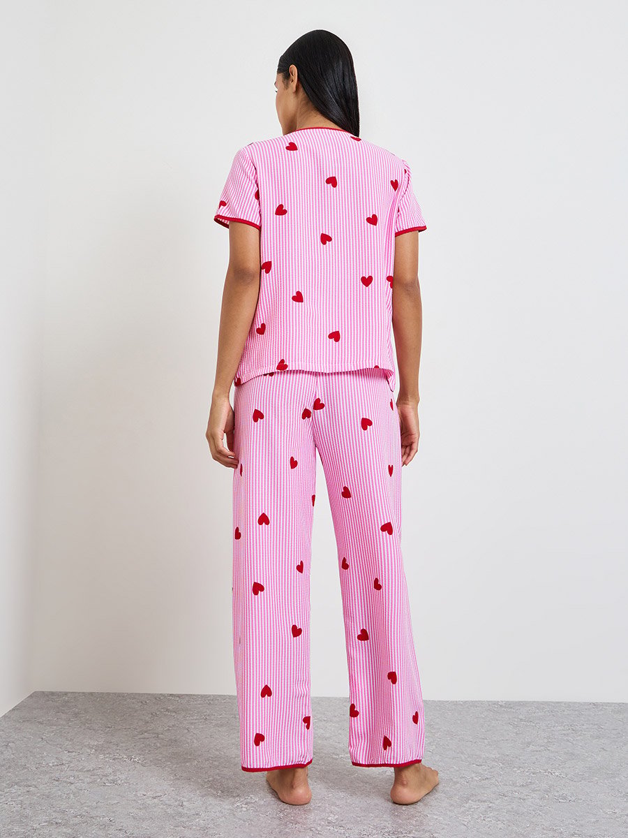 Pink Heart Striped Print Shirt and Pyjama Set