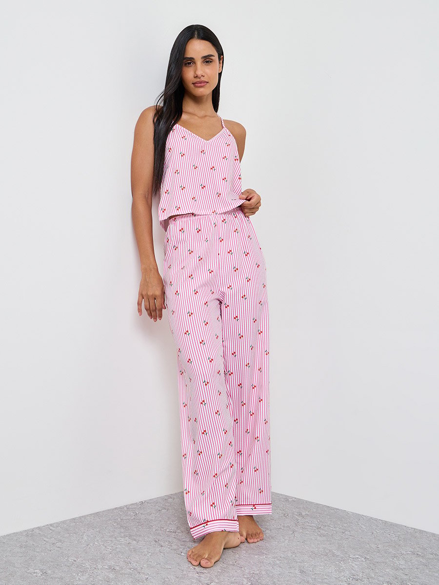 Pink Cherry Striped Print Cami and Pyjama Set