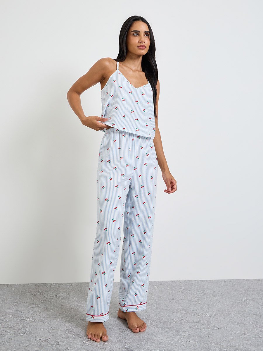 Blue Cherry Striped Print Cami and Pyjama Set
