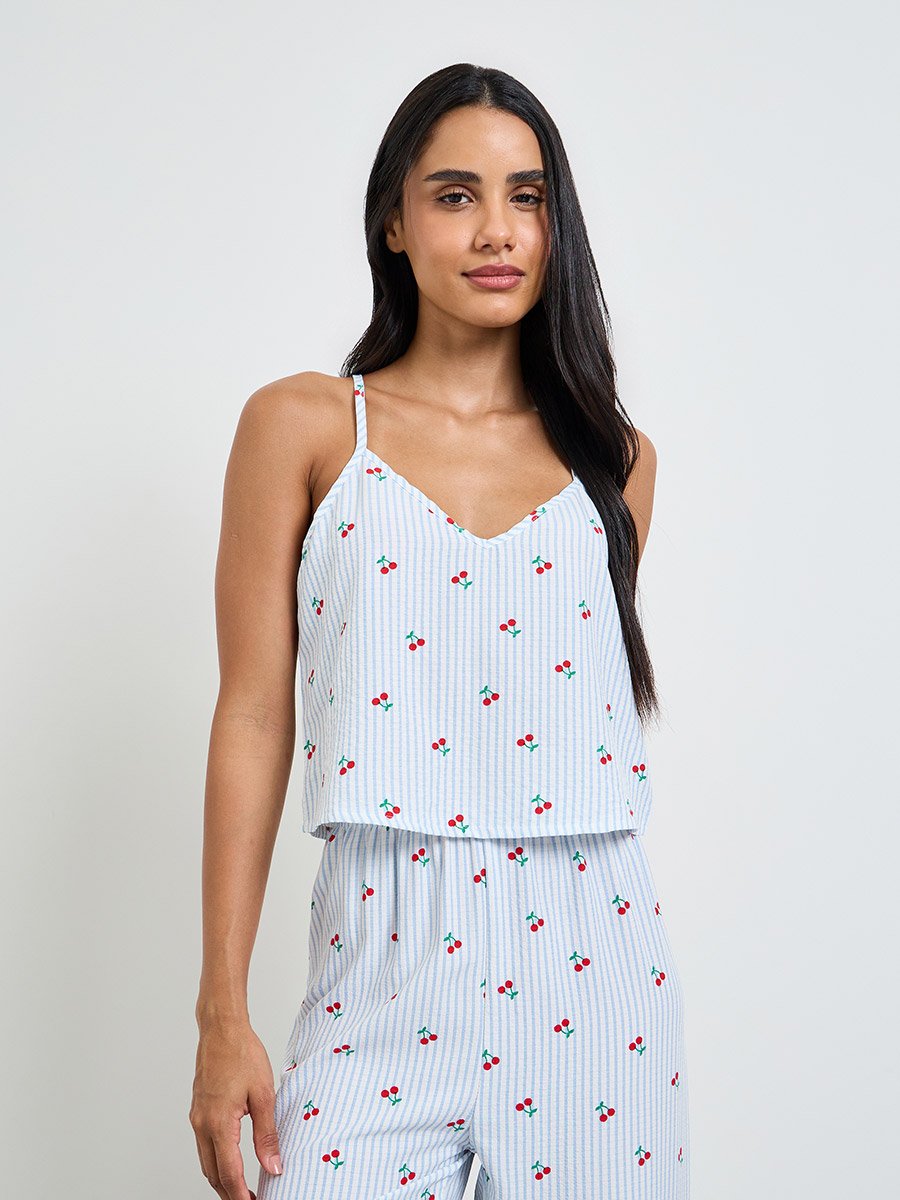 Blue Cherry Striped Print Cami and Pyjama Set