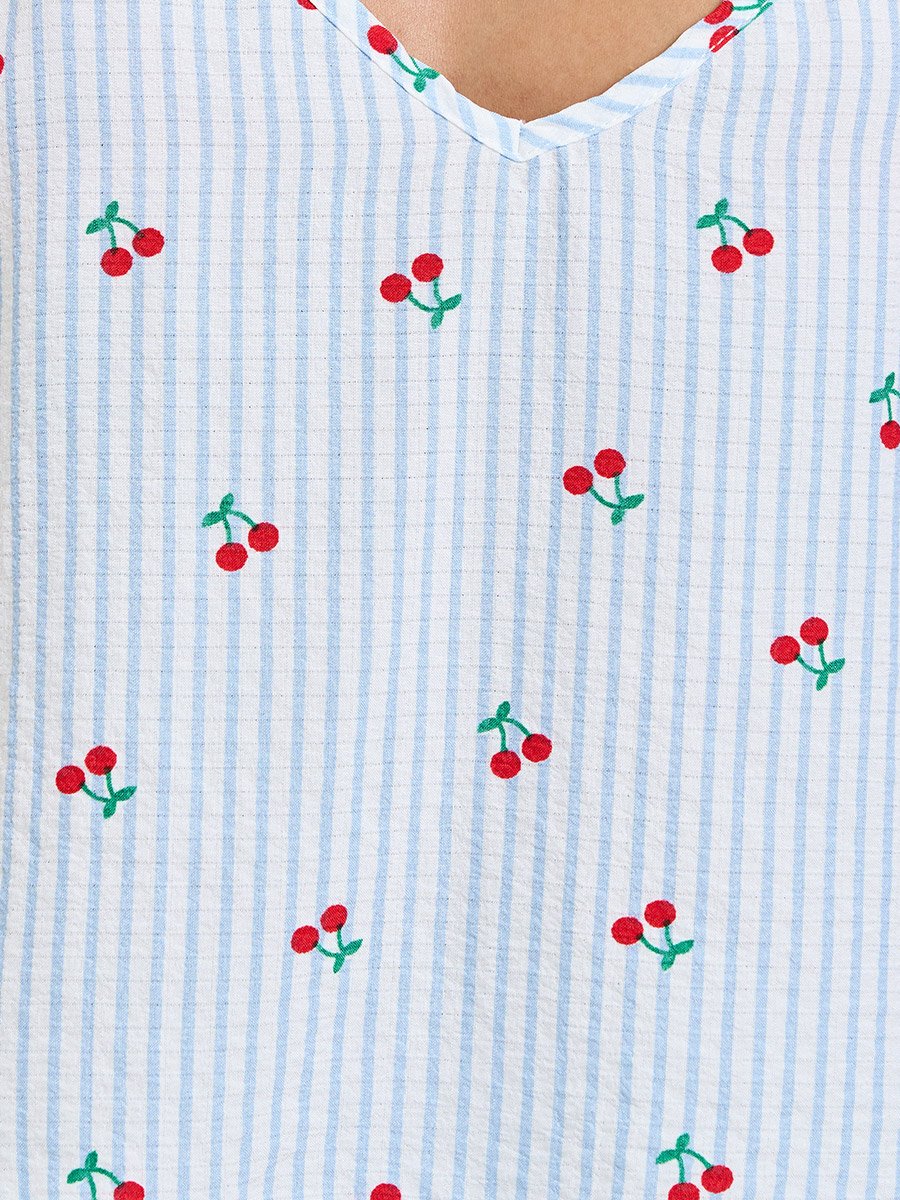 Blue Cherry Striped Print Cami and Pyjama Set