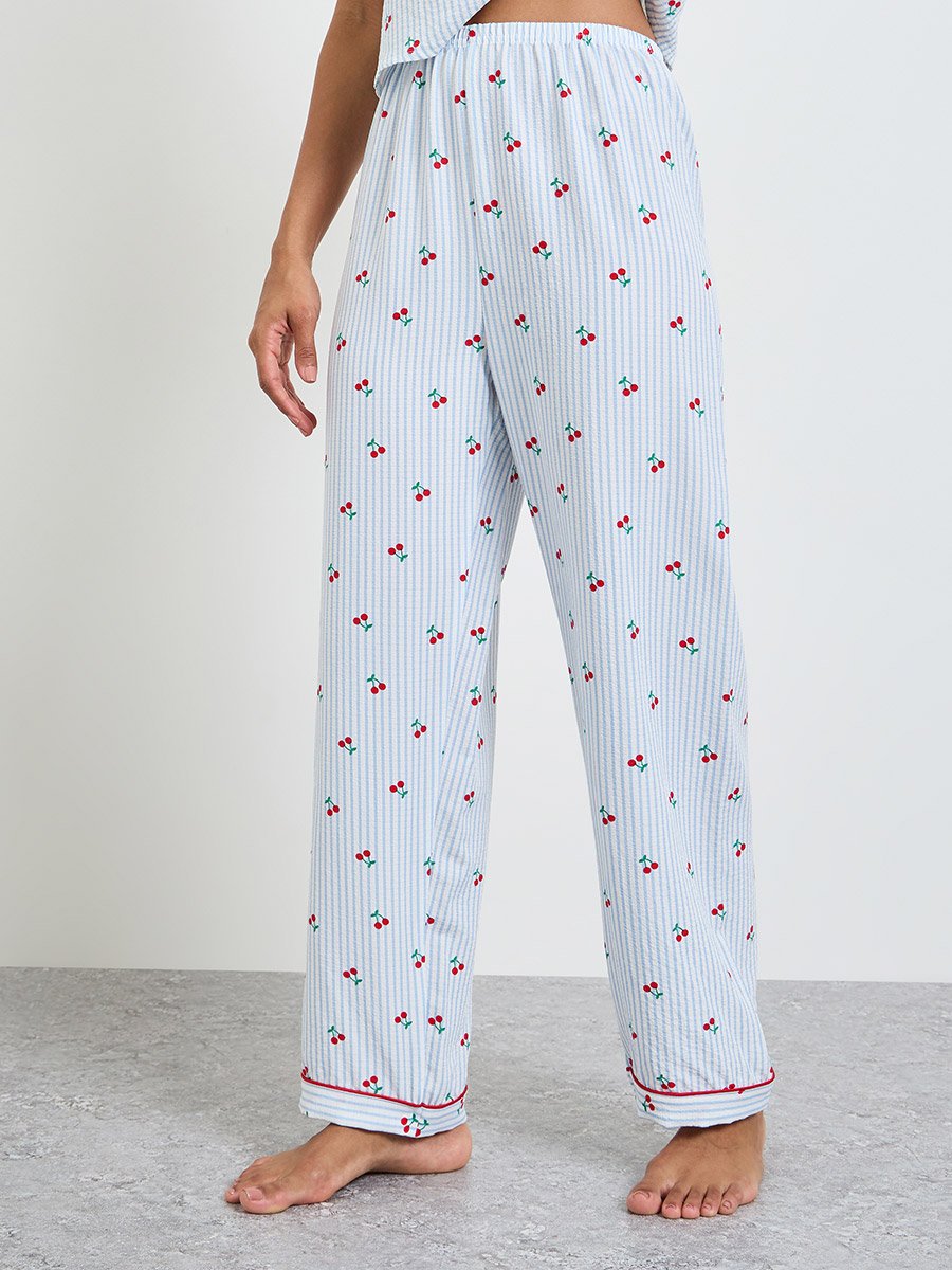 Blue Cherry Striped Print Cami and Pyjama Set