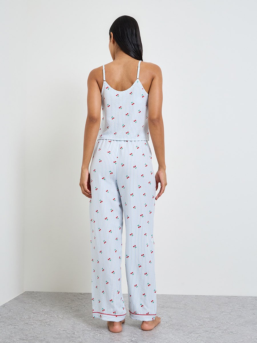 Blue Cherry Striped Print Cami and Pyjama Set