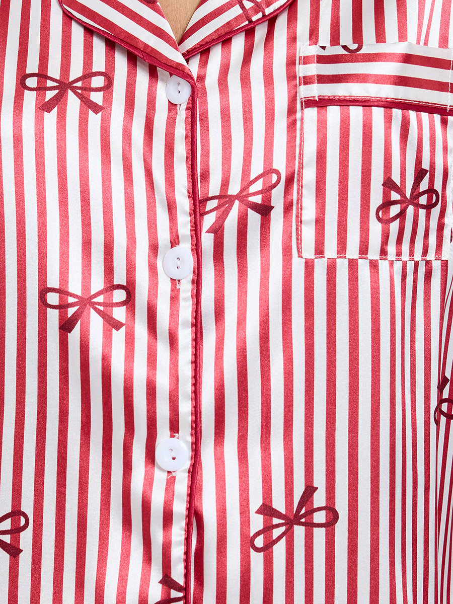 Red Bow Print Striped Shirt and Pyjama Set