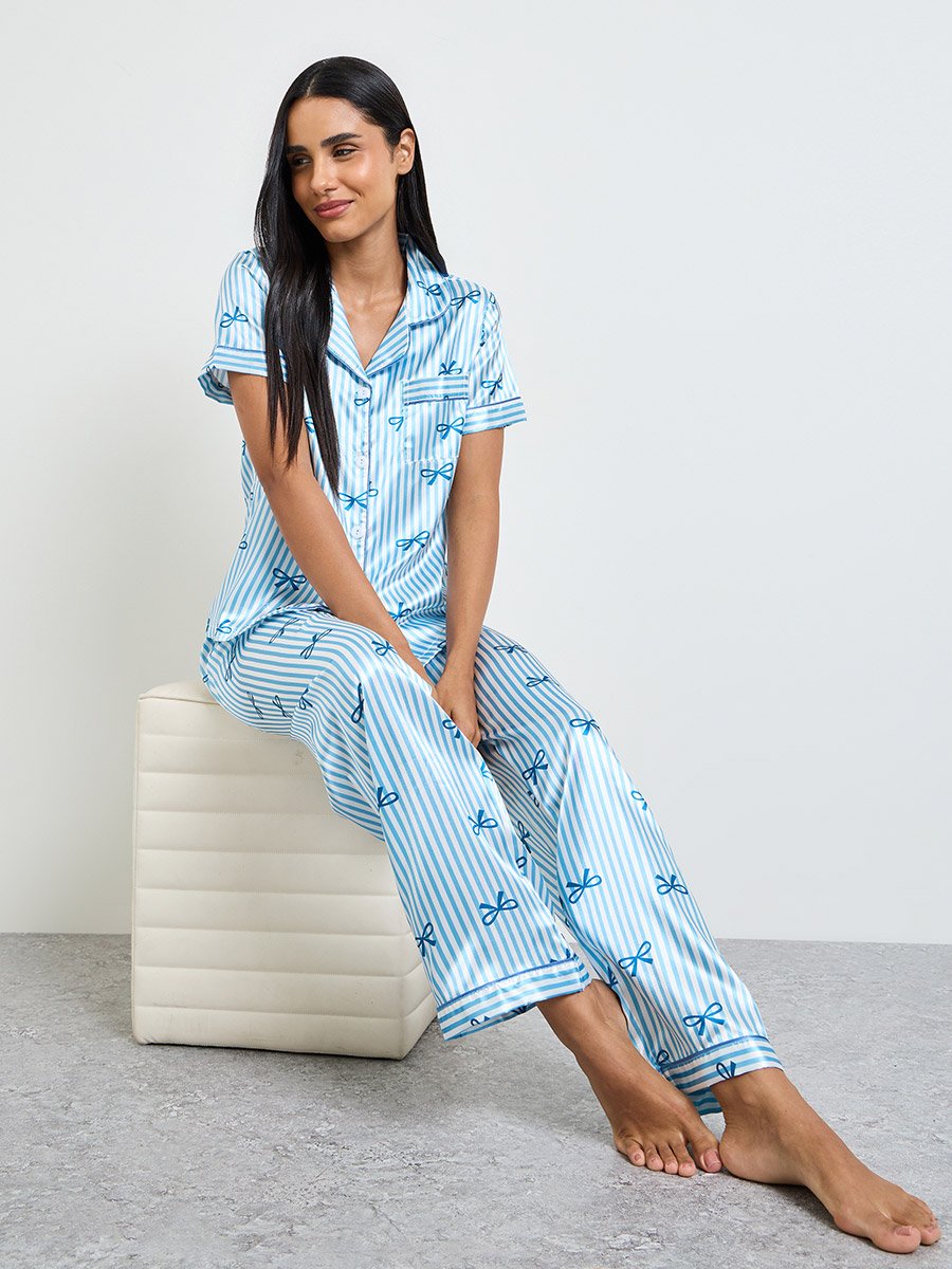 Blue Bow Print Striped Shirt and Pyjama Set