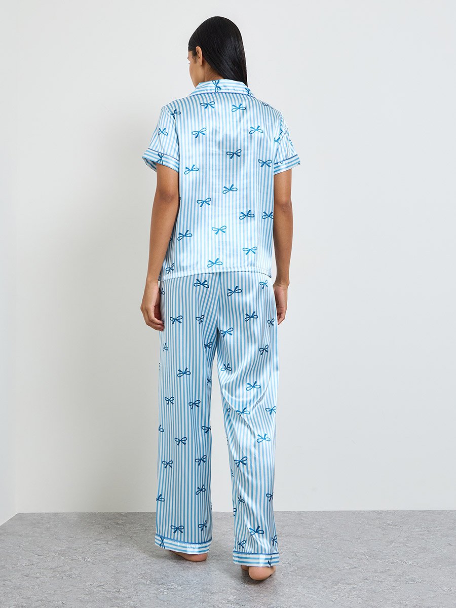 Blue Bow Print Striped Shirt and Pyjama Set