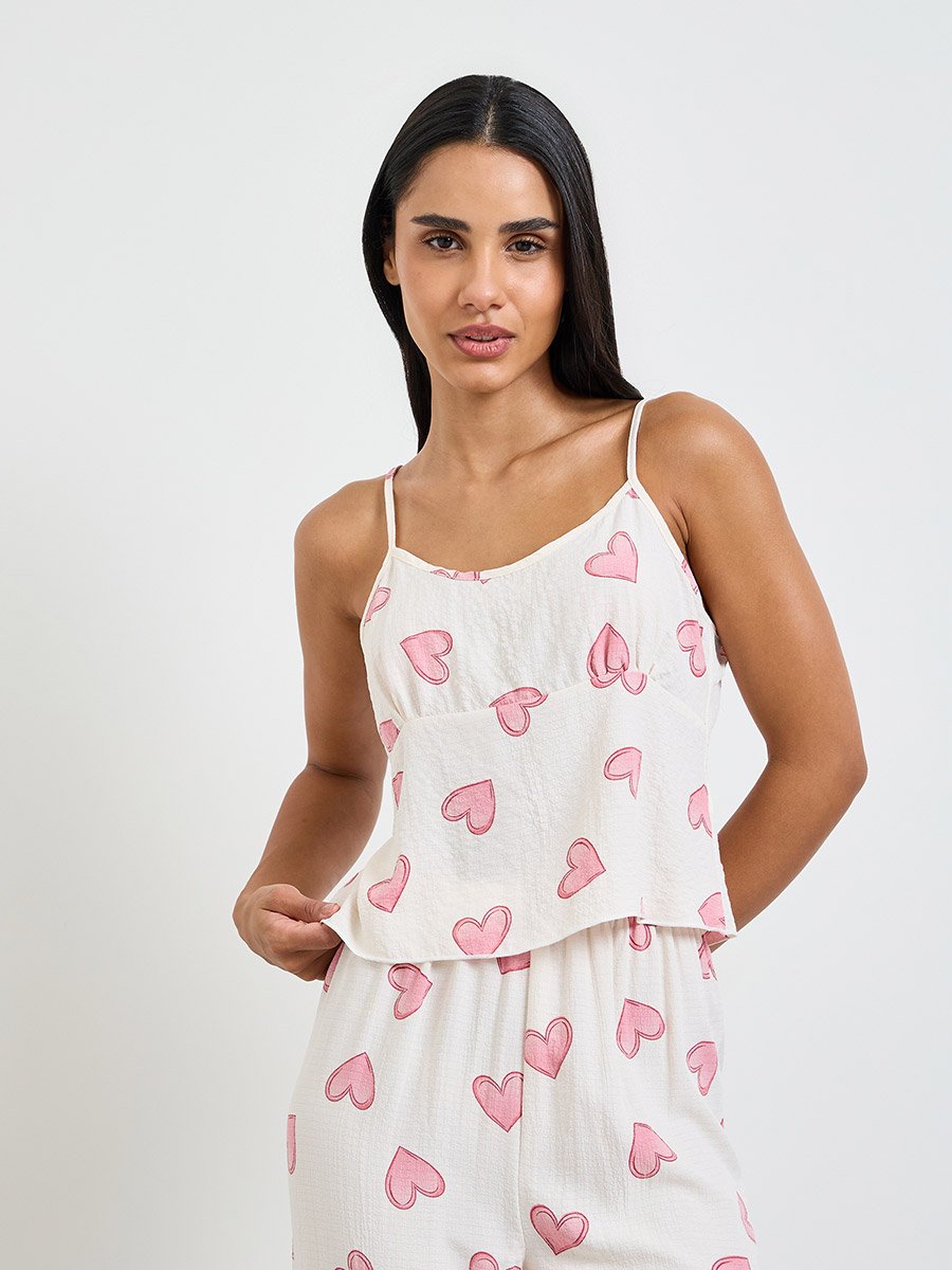 White Heart Print Cami and Pyjama Set