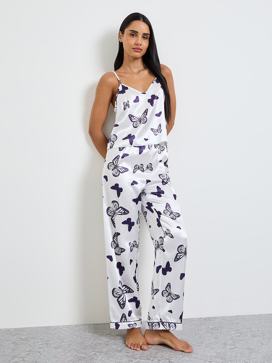 White Satin Butterfly Print Cami and Pyjama Set