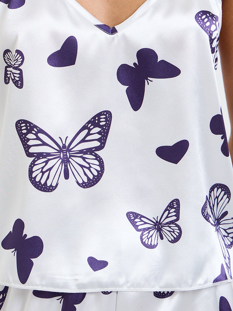White Satin Butterfly Print Cami and Pyjama Set