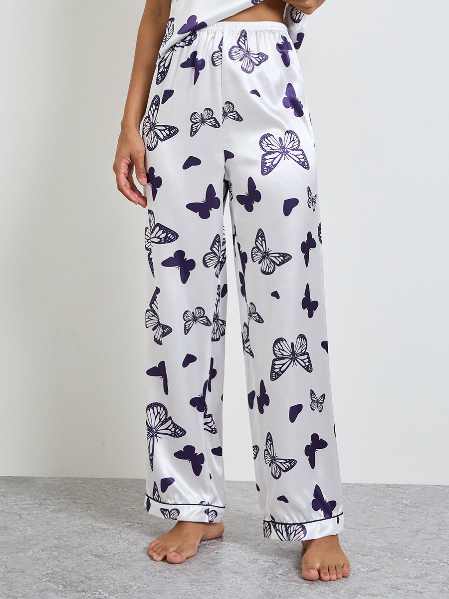 White Satin Butterfly Print Cami and Pyjama Set