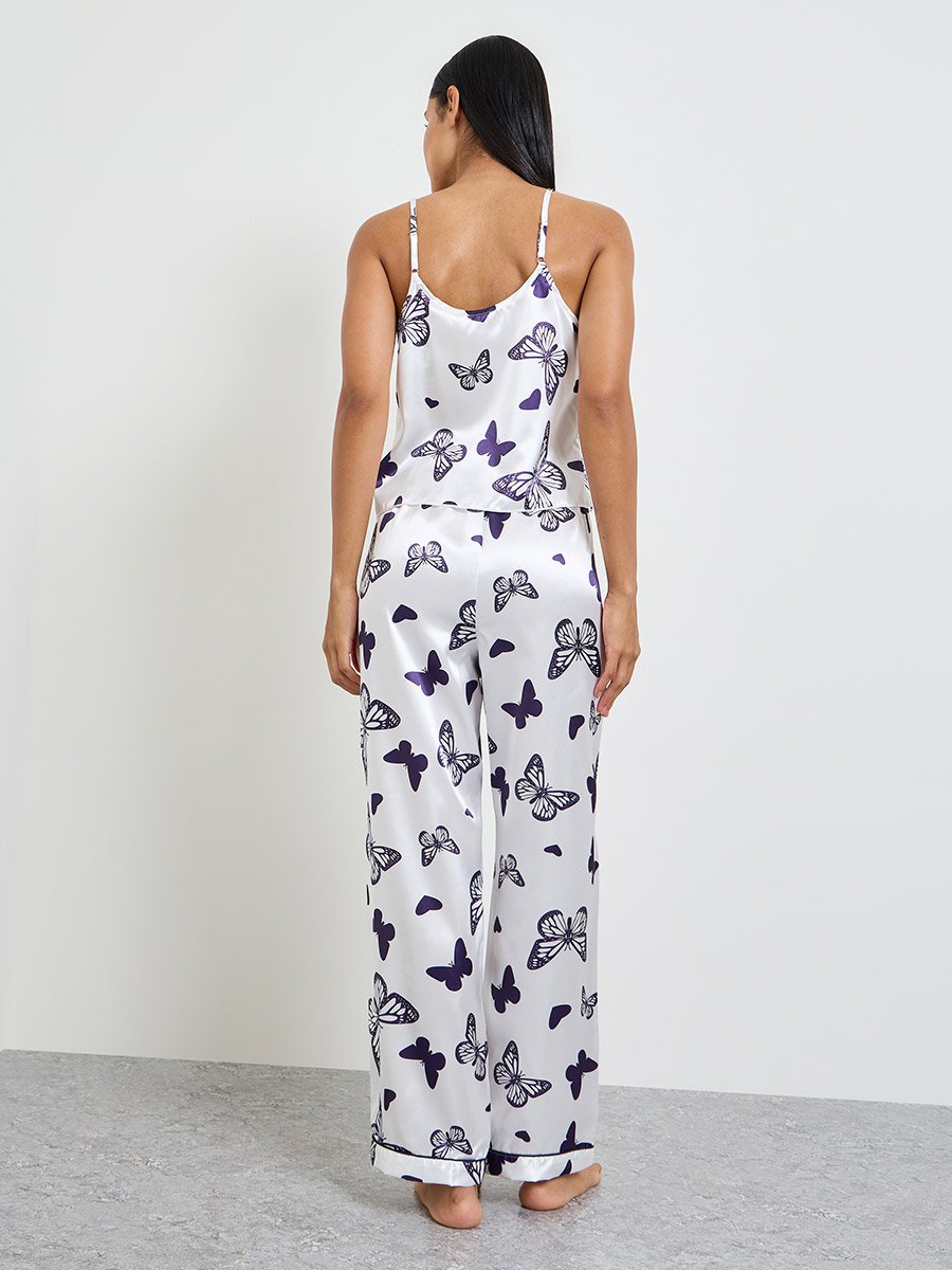 White Satin Butterfly Print Cami and Pyjama Set