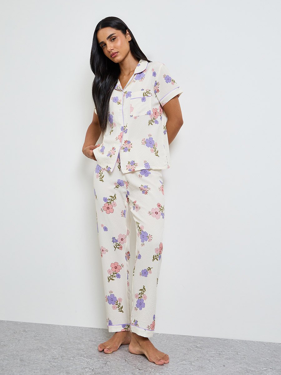 White Floral Print Shirt and Pyjama Set