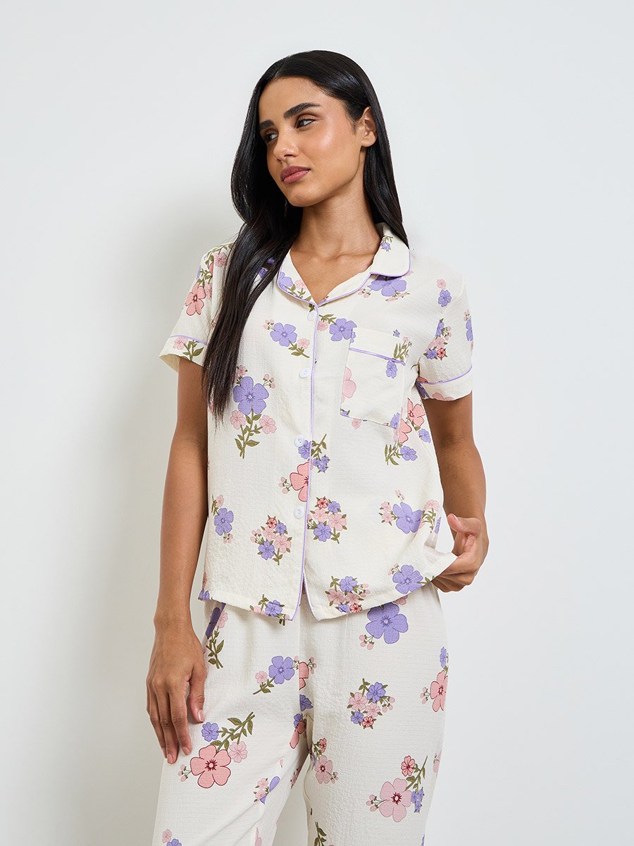 White Floral Print Shirt and Pyjama Set