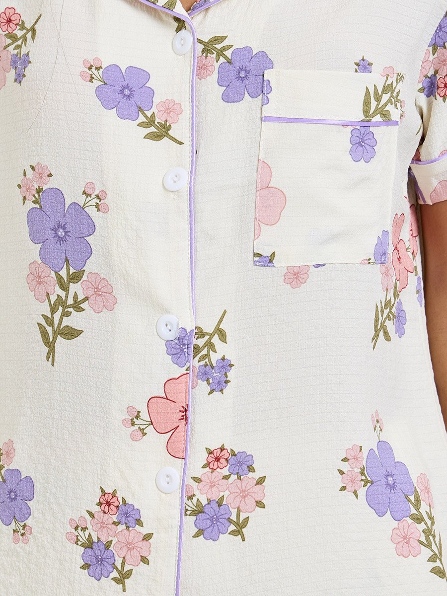 White Floral Print Shirt and Pyjama Set
