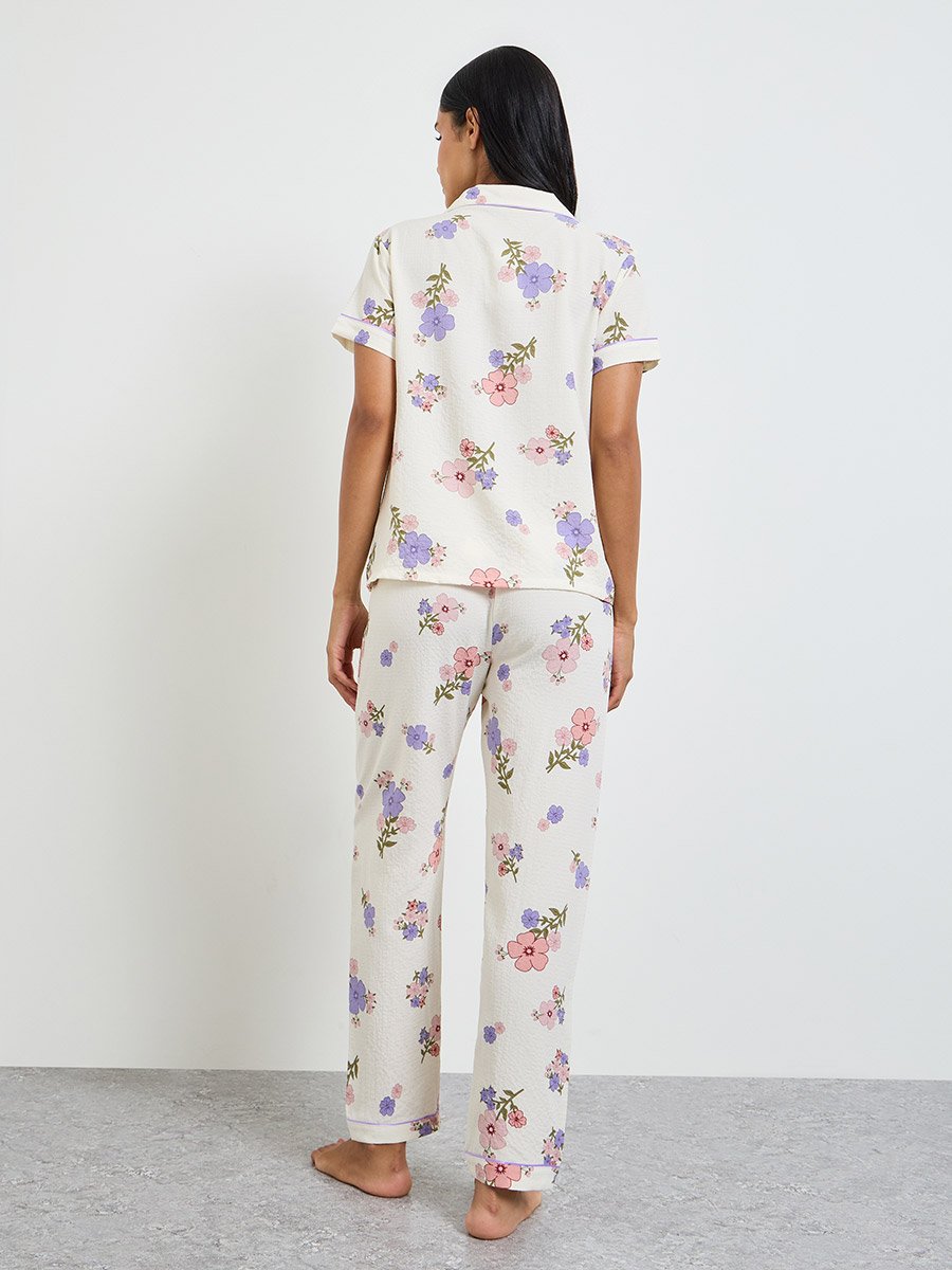 White Floral Print Shirt and Pyjama Set
