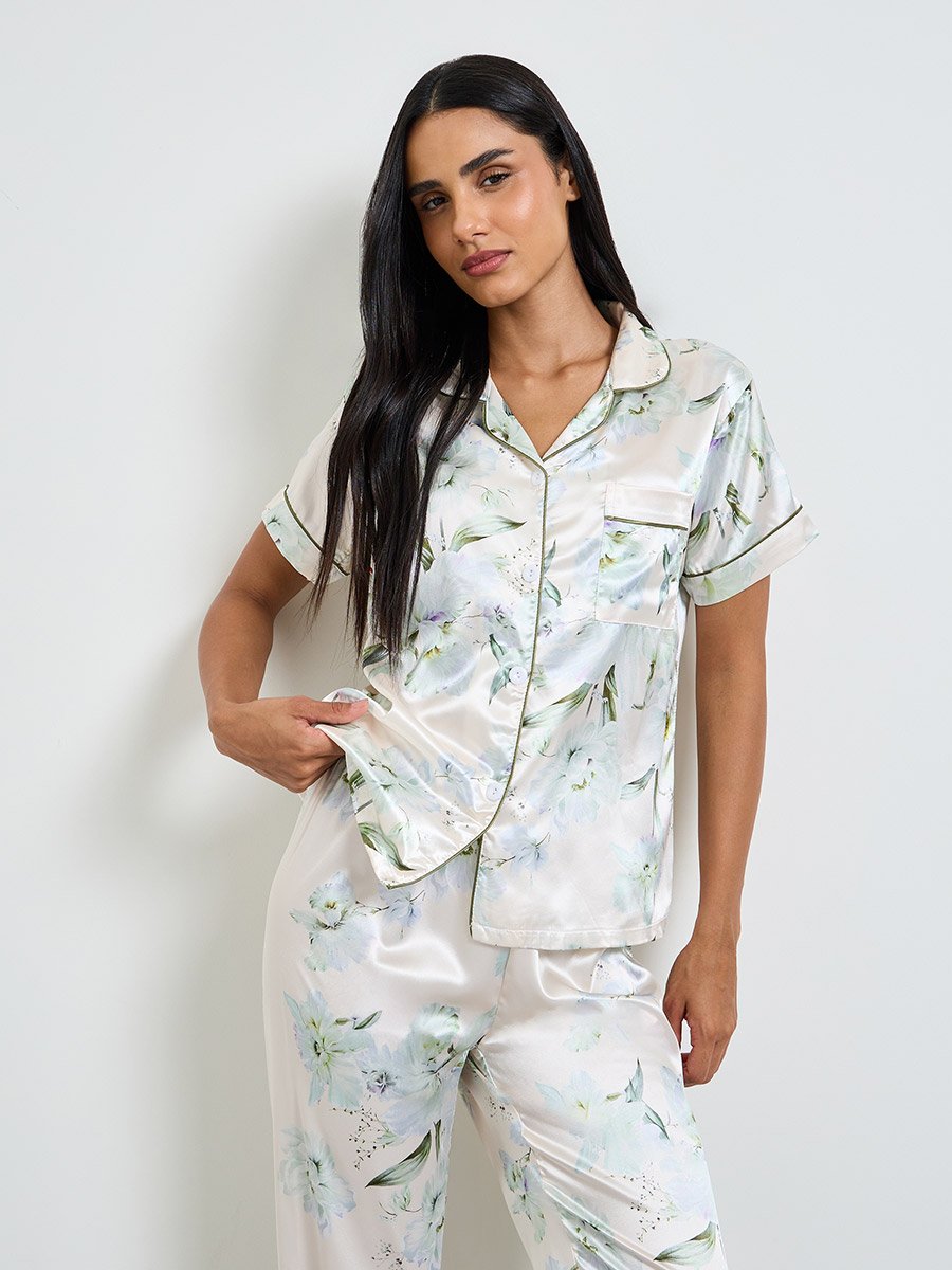 Off White Satin Floral Shirt and Pyjama Set