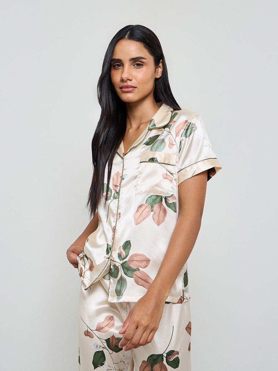 Off White Satin Floral Shirt and Pyjama Set