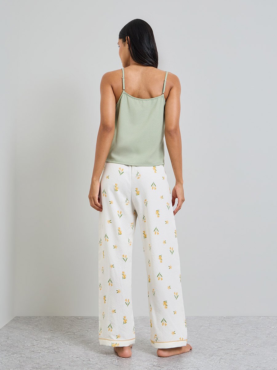 Solid Cami and Floral Print Pyjama Set