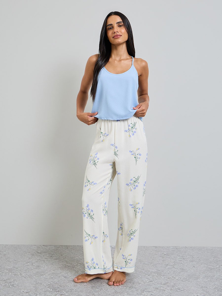 Solid Cami and Floral Print Pyjama Set