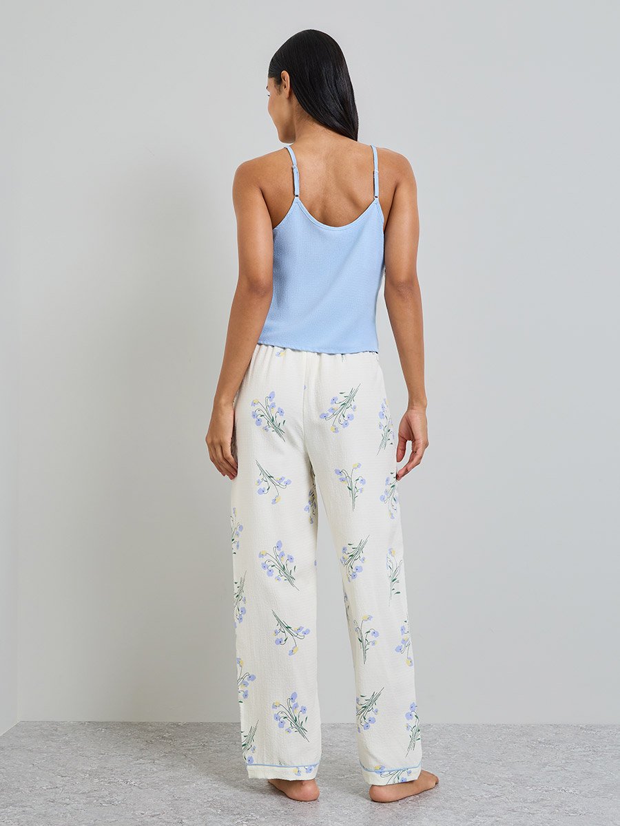 Solid Cami and Floral Print Pyjama Set