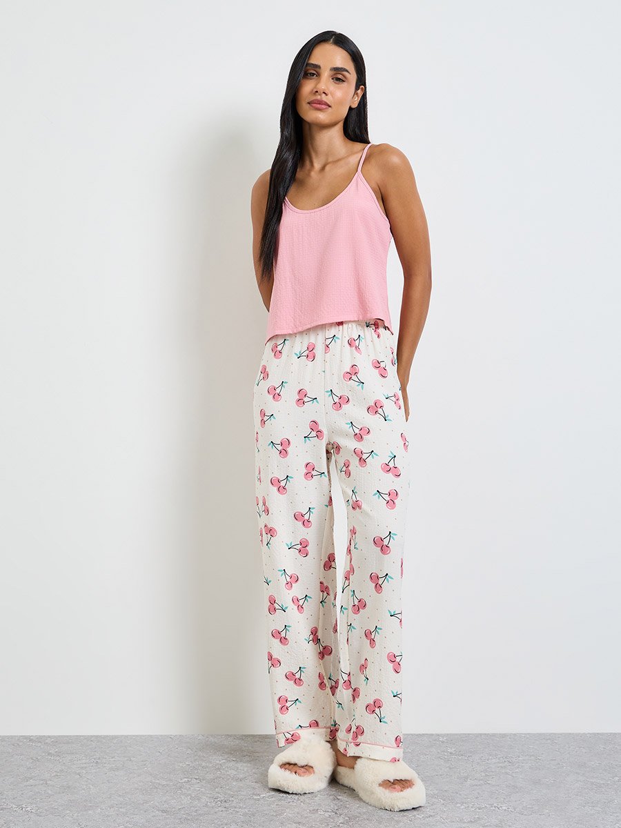 Solid Cami and Cherry Print Pyjama Set