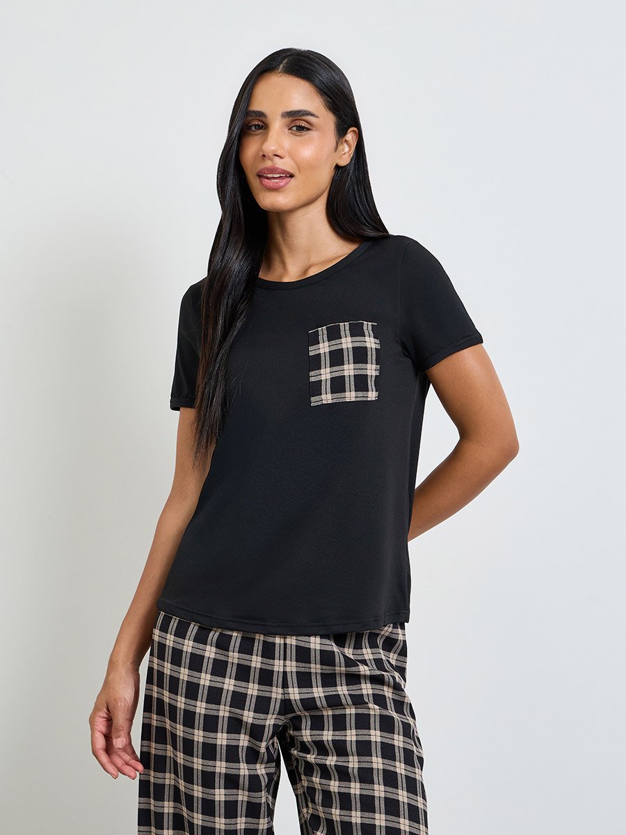 Black Checked Pocket T-Shirt and Pyjama Set